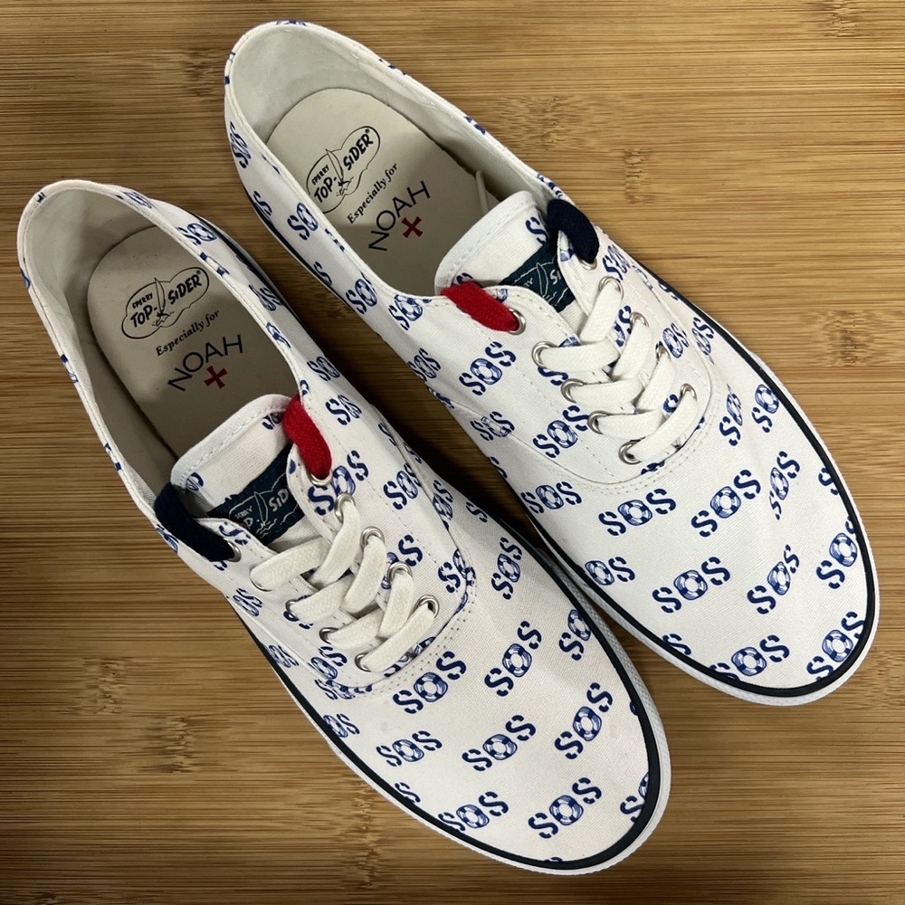 Noah NYC X Sperry Top-Sider CVO SOS White Canvas, Red & Navy laces. NEW in box.